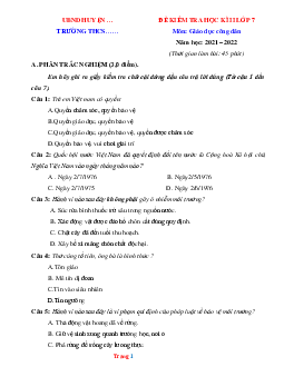 Đề thi HK2 GDCD 7 năm 2022 (có đáp án)