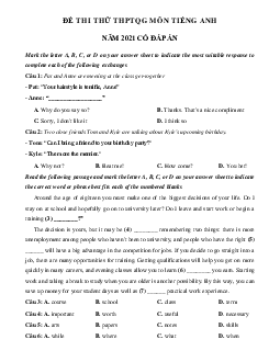 Đề thi thử THPT Quốc gia môn Tiếng Anh năm 2021 trường THPT Đào Duy Từ lần 1 (có đáp án)