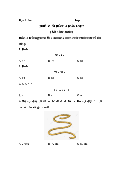 Bài tập cuối tuần Toán lớp 2 Kết nối Tri thức Tuần 14