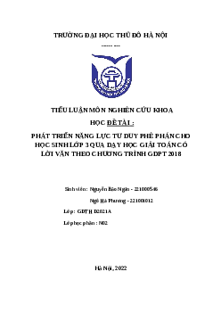 Tiểu luận: Phát triển năng lực tư duy phê phán cho học sinh lớp 3 qua dạy học lời giải toán có lời văn theo chương trình GDPT 2018 | Trường Đại Học Thủ Đô Hà Nội