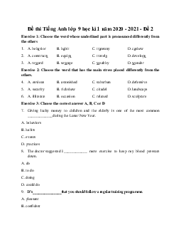 Đề thi Tiếng Anh lớp 9 học kì 1 năm 2020 - 2021 - Đề 2