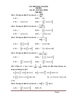 Bài tập trắc nghiệm hàm số lượng giác (có đáp án)