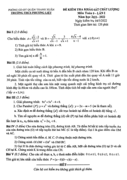 Đề khảo sát chất lượng Toán 9 lần 1 năm 2022 trường THCS Phương Liệt – Hà Nội