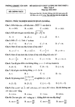 Đề khảo sát Toán 9 đợt 1 năm 2022 – 2023 phòng GD&ĐT Tân Sơn – Phú Thọ