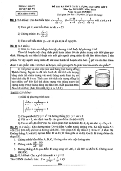 Đề thi chất lượng Toán 9 năm 2021 – 2022 phòng GD&ĐT Ba Vì – Hà Nội
