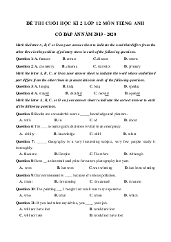 Đề kiểm tra tiếng Anh lớp 12 học kì 2 trường THPT Yên Lạc 2, Vĩnh Phúc