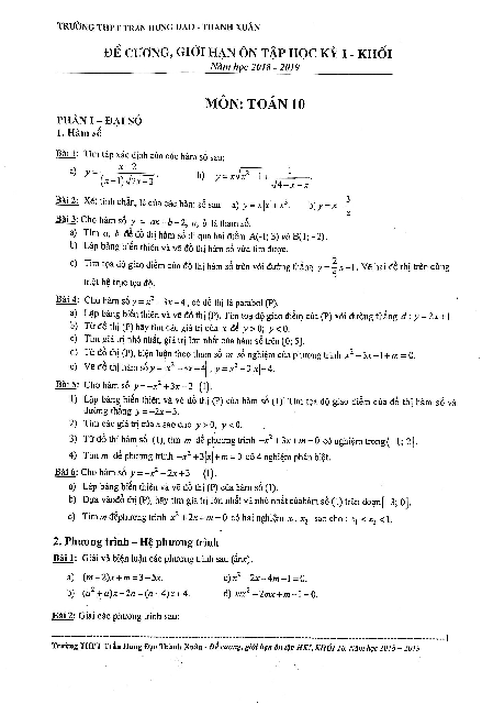 Đề cương và giới hạn ôn tập HK1 Toán 10 năm 2018 – 2019 trường Trần Hưng Đạo – Hà Nội
