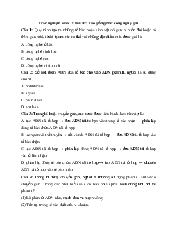 Trắc nghiệm Sinh học 12 bài 20: Tạo giống nhờ công nghệ gen