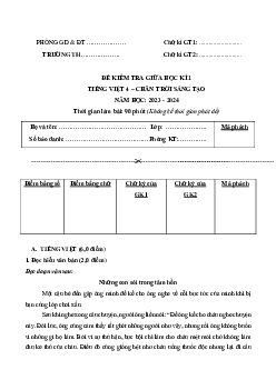 Đề thi giữa học kì 1 môn Tiếng Việt 4 năm 2023 - 2024 sách Chân trời sáng tạo | đề 4