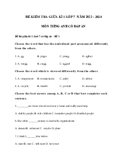 Bộ 9 đề thi tiếng Anh lớp 7 giữa học kì 1 có đáp án năm 2023 - 2024