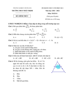 Đề kiểm tra cuối học kì 1 Toán 8 năm 2021 – 2022 trường THCS Thái Thịnh – Hà Nội