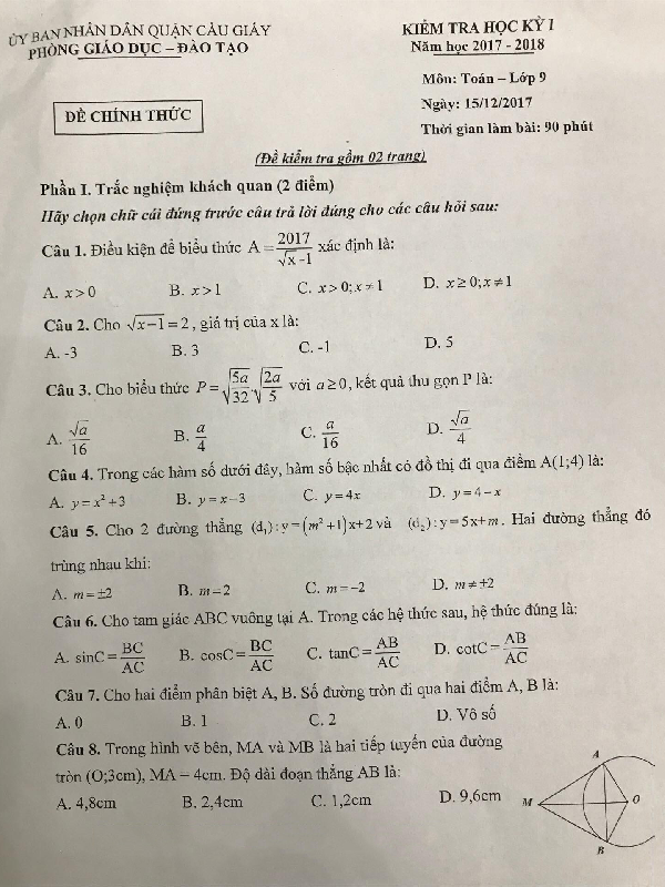 Đề thi HK1 Toán 9 năm học 2017 – 2018 phòng GD và ĐT Cầu Giấy – Hà Nội