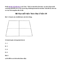 Bài tập cuối tuần lớp 2 môn Toán Kết nối tri thức - Tuần 34