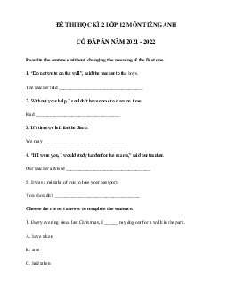 Đề thi tiếng Anh lớp 12 học kì 2 năm 2021 - 2022 số 3