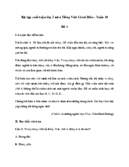 Bài tập cuối tuần lớp 2 môn Tiếng Việt Cánh Diều - Tuần 18