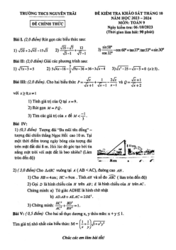 Đề khảo sát Toán 9 tháng 10 năm 2023 – 2024 trường THCS Nguyễn Trãi – Hà Nội