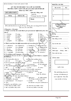 Đề thi Tuyển sinh vào lớp 10 THPT Chuyên Chu Văn An & Hà Nội Amsterdam môn Tiếng Anh (chuyên) năm 2006-2007