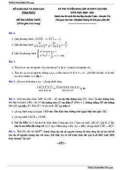 Đề tuyển sinh lớp 10 chuyên môn Toán năm 2020 – 2021 sở GD&ĐT Vĩnh Phúc (chuyên)
