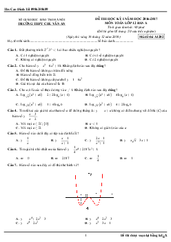 Đề thi HK1 Toán 12 ban A năm học 2016 – 2017 trường Chu Văn An – Hà Nội