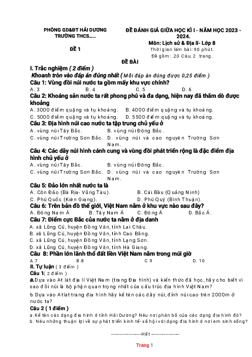 Đề thi giữa học kỳ 1 Địa lí 8 Kết nối tri thức có đáp án