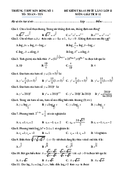 Đề kiểm tra 45 phút Giải tích 12 chương 2 trường Sơn Động 1 – Bắc Giang
