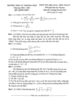 Đề học kì 2 Toán 9 năm 2022 – 2023 trường THCS Lý Thường Kiệt – Hà Nội