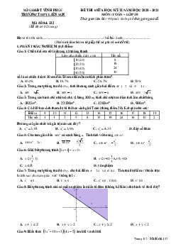 Đề thi giữa học kỳ 2 Toán 10 năm 2020 – 2021 trường THPT Liễn Sơn – Vĩnh Phúc