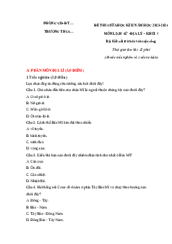 Đề thi giữa học kì 2 môn Lịch sử - Địa lí 7 năm 2023 - 2024 sách KNTT - Đề 5