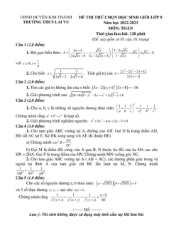 Đề thi thử HSG Toán 9 năm 2022 – 2023 trường THCS Lai Vu – Hải Dương