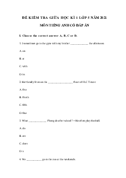 Đề thi giữa kì 1 lớp 5 môn tiếng Anh năm 2021