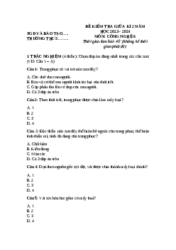 Đề thi giữa học kì 2 môn Công nghệ 6 năm 2023 - 2024 sách Kết nối tri thức với cuộc sống | Đề 2