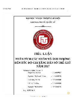 Phân tích các nhân tố ảnh hưởng đến tốc độ gia tăng dân số thế giới năm 2017 | Tiểu luận môn Kinh tế lượng | Đại học Ngoại Thương