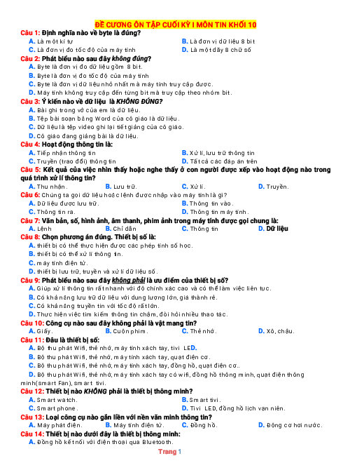 Đề ôn tập học kỳ 1 Tin 10 Kết nối tri thức (có đáp án)