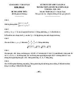 Đề tuyển sinh lớp 10 môn Toán năm 2020 – 2021 trường chuyên Trần Hưng Đạo – Bình Thuận