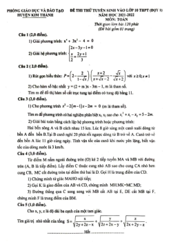 Đề thi thử Toán vào lớp 10 đợt 1 năm 2022 phòng GD&ĐT Kim Thành – Hải Dương