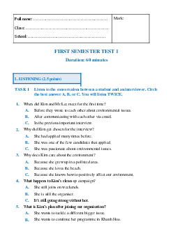 Bộ đề kiểm tra học kỳ 1 Tiếng Anh 11 Global success (có đáp án)