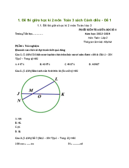 Bộ đề thi giữa học kì 2 môn Toán 3 năm 2023 - 2024  | Cánh diều