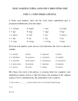 Trắc nghiệm tiếng Anh lớp 9 Unit 1 A Visit From A Pen Pal