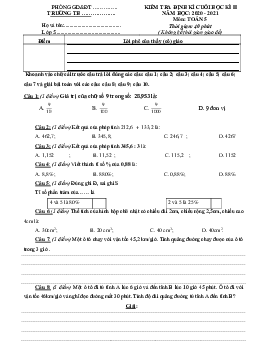 Đề thi cuối học kì 2 lớp 5 môn Toán năm 2020 - 2021
