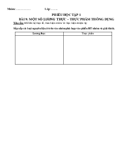 Chủ đề 5. Bài 6: Một số lương thực, thực phẩm thông dụng(Phiếu học tập) | Bài giảng KHTN 6 | Cánh diều