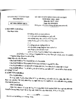 Đề thi tuyển sinh vào 10 môn Ngữ Văn của Sở GD&ĐT Khánh Hòa năm học 2024 - 2025