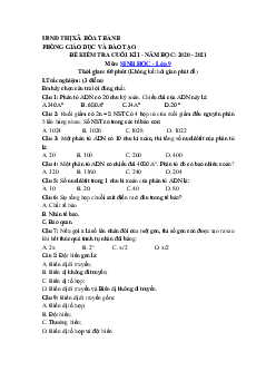 Đề thi học kì 1 Sinh 9 Phòng GD&ĐT Thị xã Hòa Thành năm 2020 - 2021