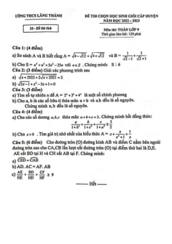 Đề thi thử học sinh giỏi huyện Toán 9 năm 2022 – 2023 THCS Lăng Thành – Nghệ An