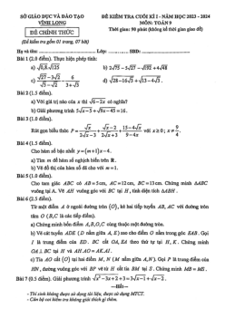 Đề kiểm tra cuối kì 1 Toán 9 năm 2023 – 2024 sở GD&ĐT Vĩnh Long