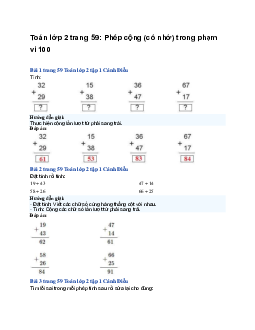 Toán lớp 2 trang 59: Phép cộng (có nhớ) trong phạm vi 100 | Cánh diều