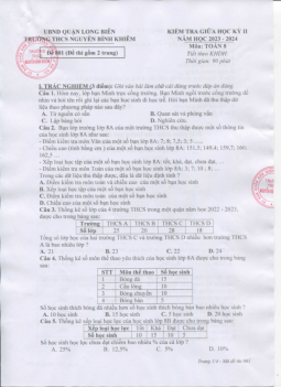 Đề thi giữa học kỳ 2 Toán 8 năm 2023 – 2024 trường THCS Nguyễn Bỉnh Khiêm – Hà Nội