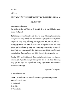 Bài tập cuối tuần tiếng Việt lớp 3 Cánh diều Tuần 14 cơ bản