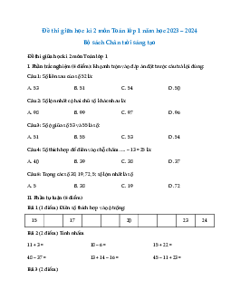 Đề thi giữa học kì 2 lớp 1 năm 2023 - 2024 | Toán 1 | Chân trời sáng tạo | đề 4
