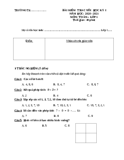 Đề thi học kì 1 môn Toán lớp 1 năm 2022 - 2023 Kết nối tri thức theo Thông tư 27 - Đề 3
