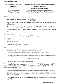 Đề Toán tuyển sinh lớp 10 chuyên năm 2020 – 2021 sở GD&ĐT Nam Định (Đề 1)